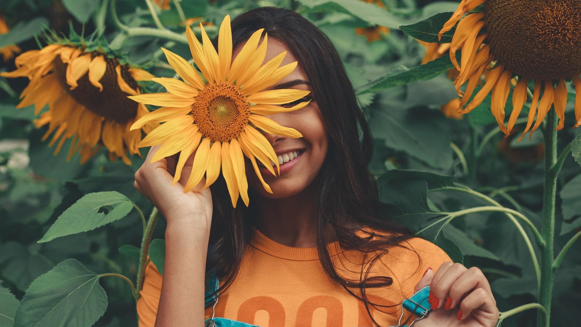 Horoskop: Junge Frau versteckt sich hinter Sonnenblume