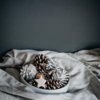 Schale mit Tannenzapfen auf weißem Laken