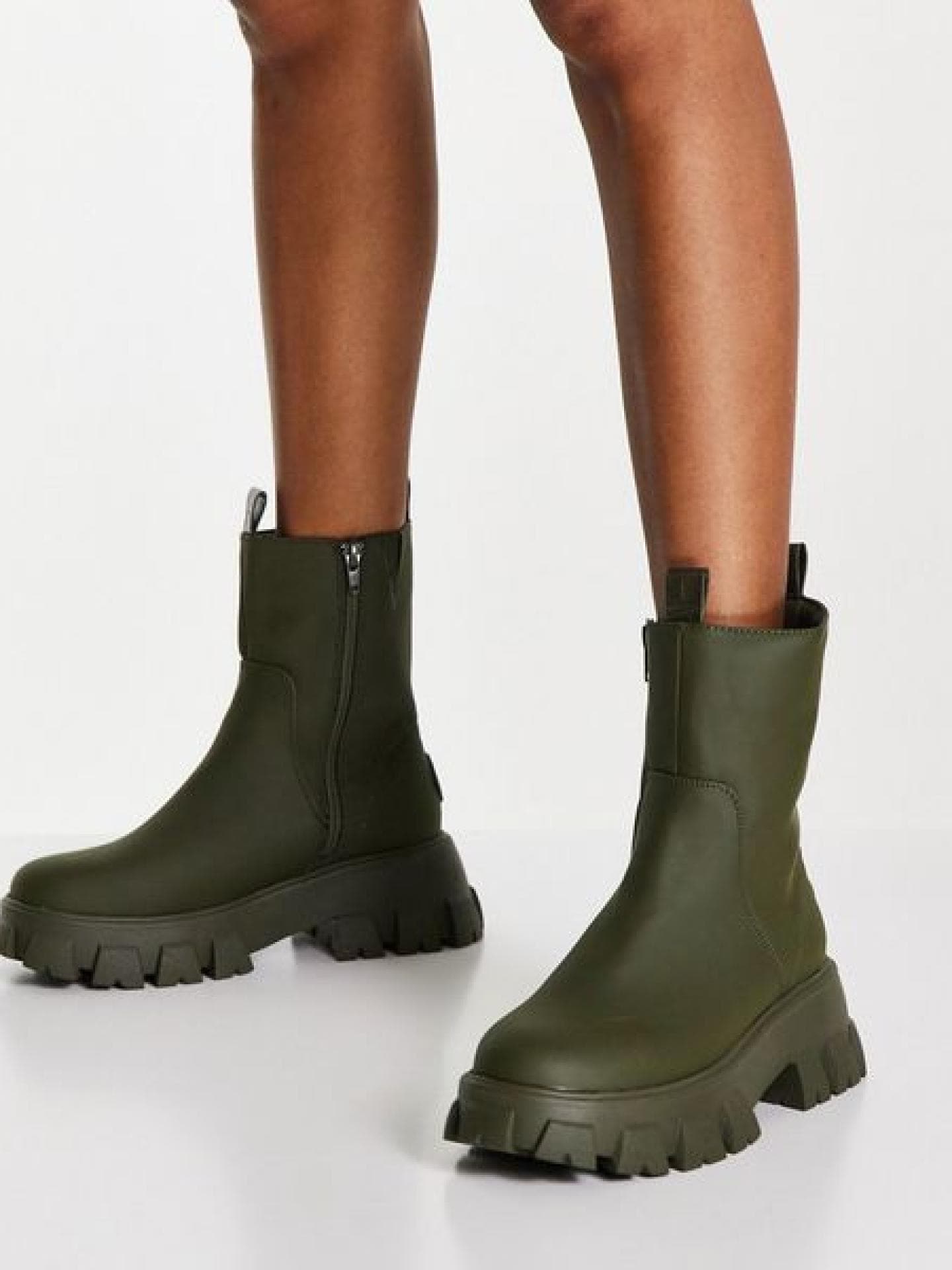 Stiefel in Khaki mit dicker Profilsohle aus Gummi-Grün