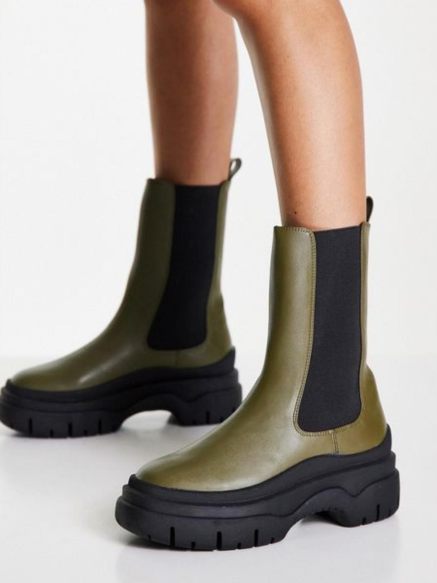 Vegane Ankle-Boots in Khaki mit dicker Sohle-Grün