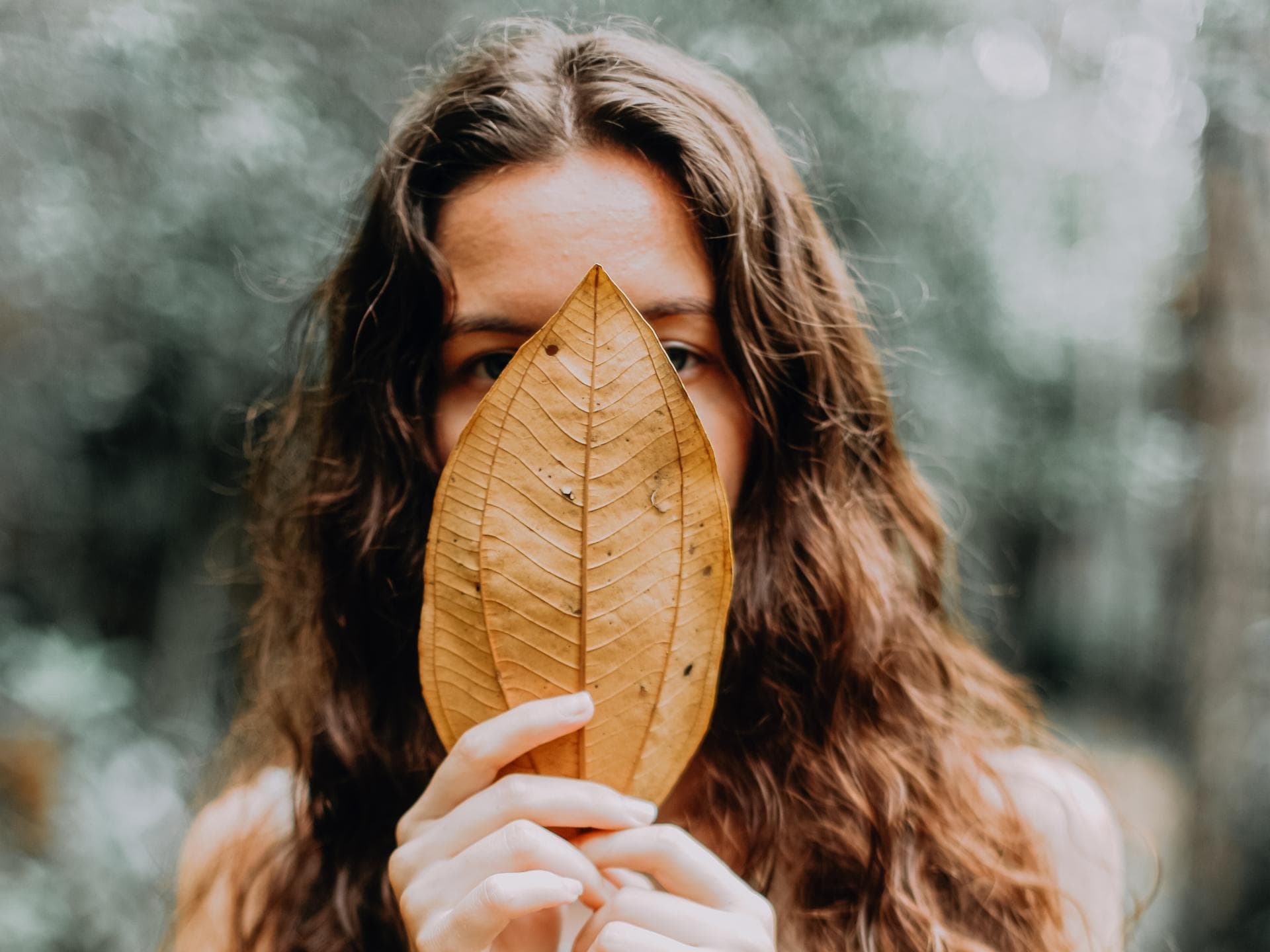 Mädchen hält Blatt vors Gesicht Mädchen hält Blatt vors Gesicht