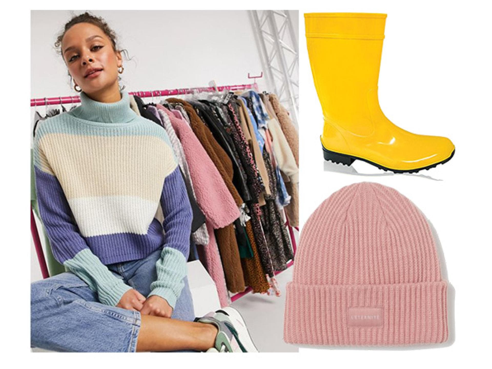 Pullover, Mütze und Gummistiefel