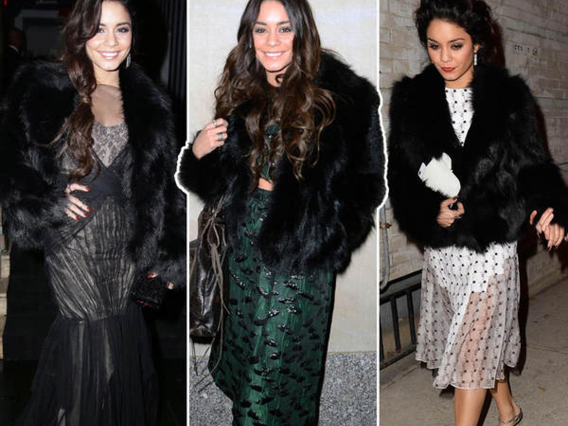 Vanessa Hudgens: Schwarzer Pelzmantel Vanessa Hudgens: Schwarzer Pelzmantel