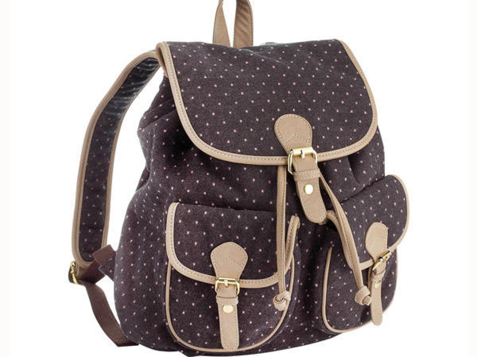 Brauner Rucksack mit weißen Punkten