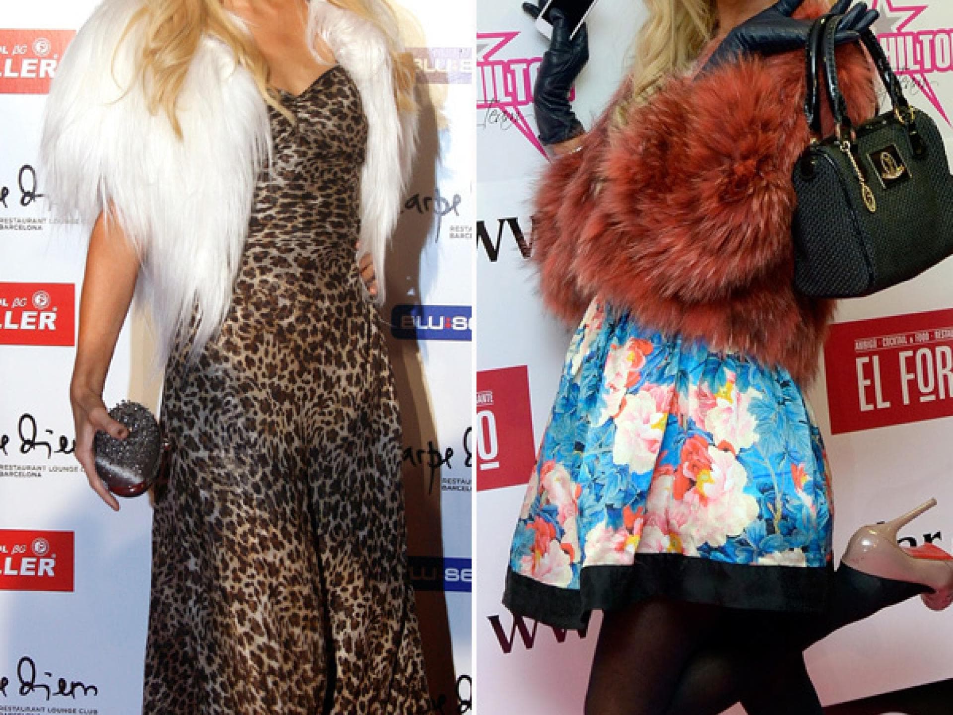 Paris Hilton trägt Muster-Kleid zu Pelz Paris Hilton trägt Muster-Kleid zu Pelz