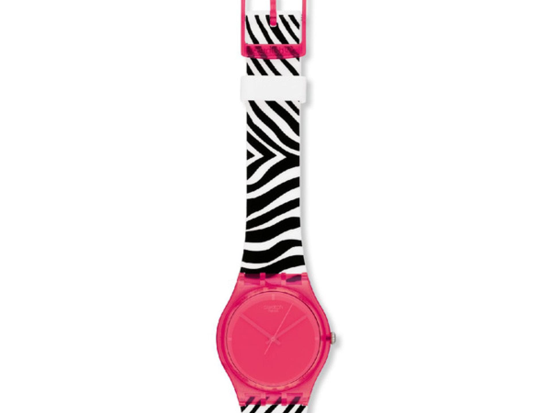 Pinke Uhr mit Zebra-Muster von Swatch Pinke Uhr mit Zebra-Muster von Swatch