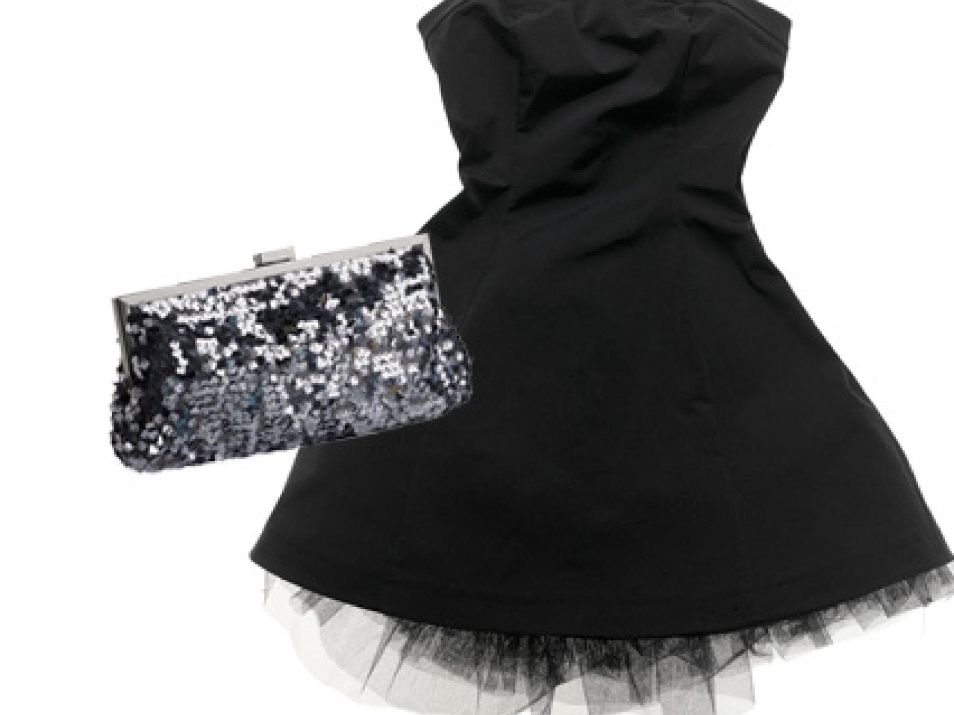 Schwarzes Kleid und Glitzer Clutch