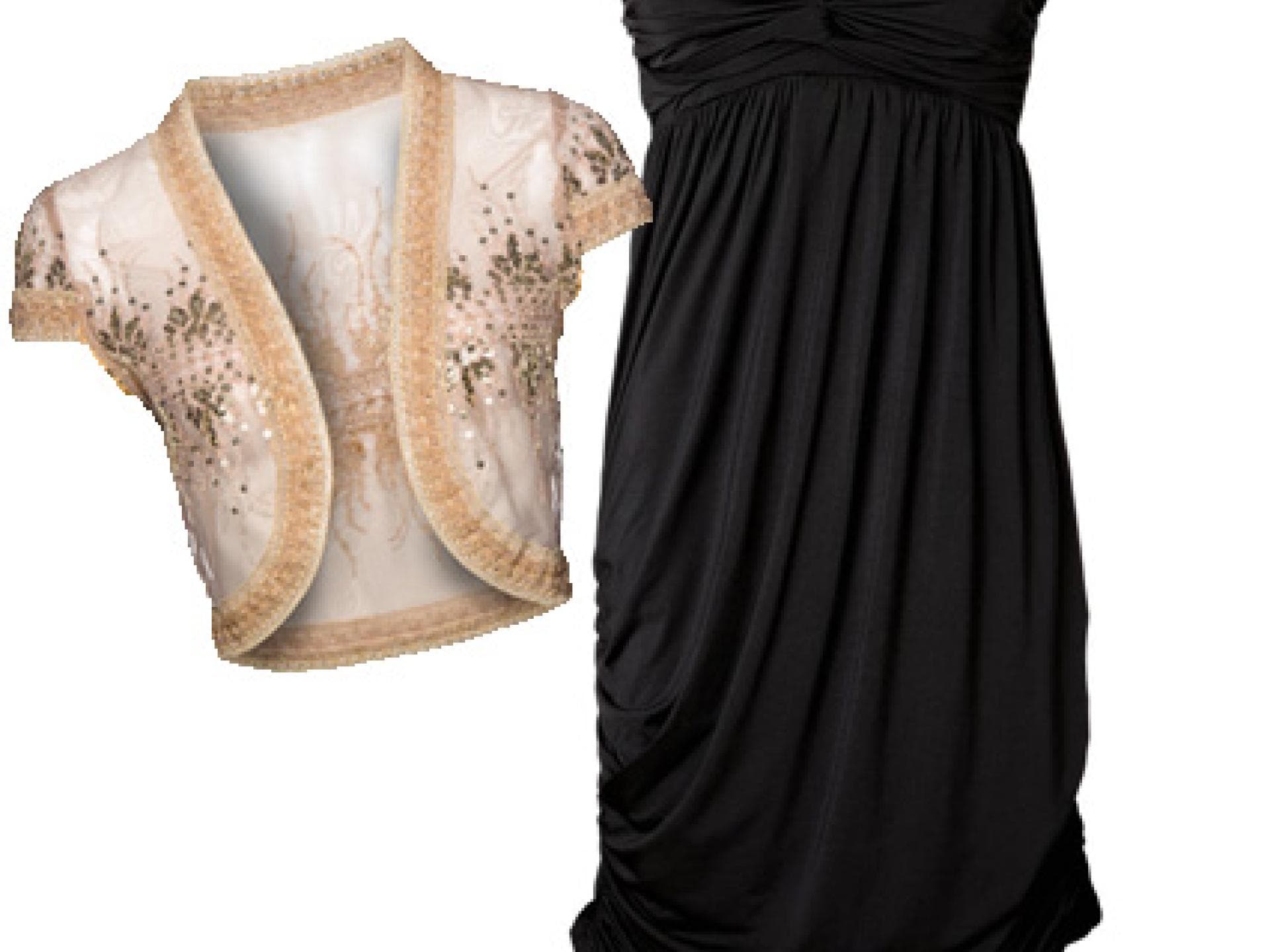 Schwarzes Kleid & Pailletten-Bolero