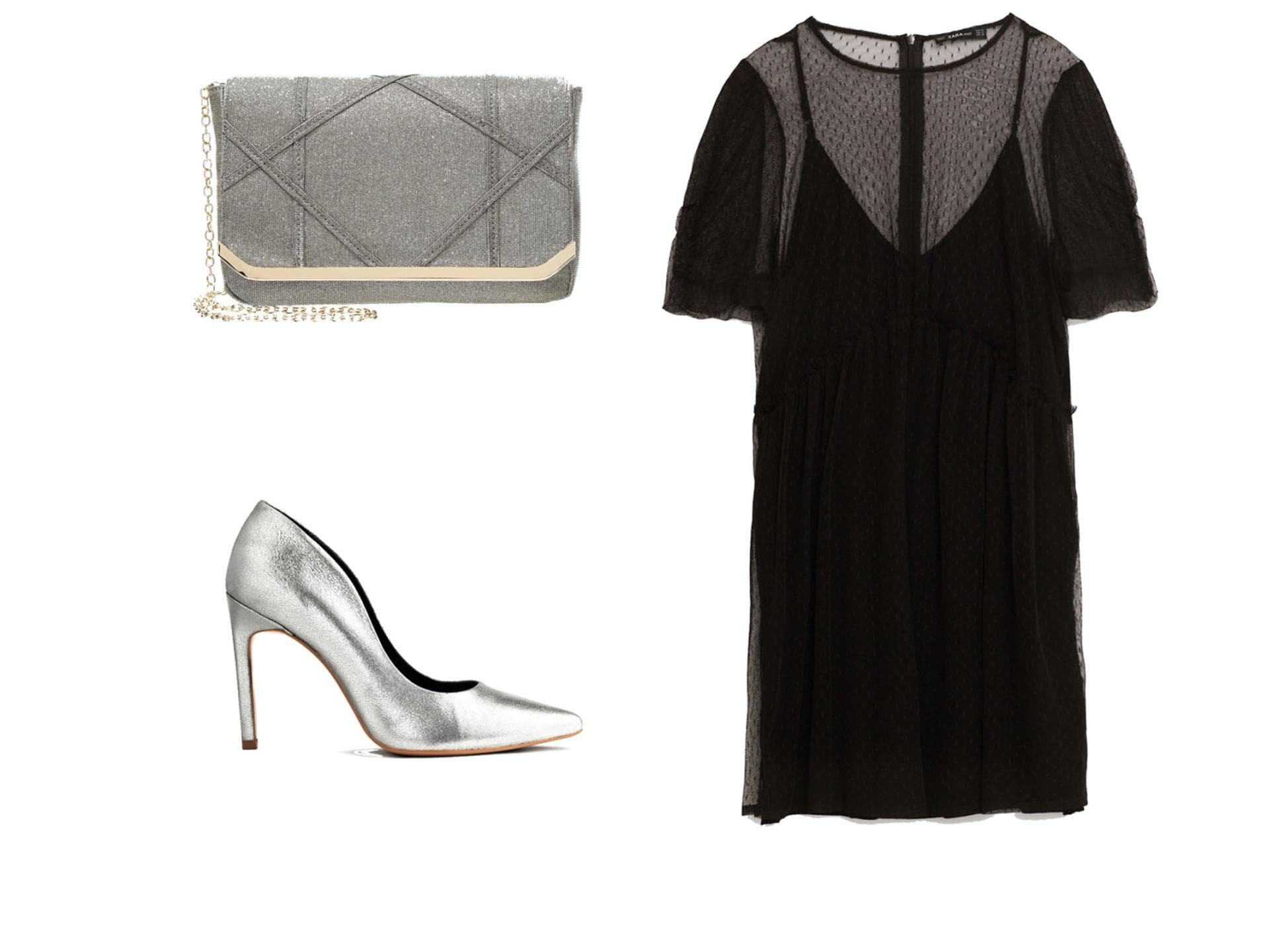 Schwarzes Tüllkleid mit silbernen Accessoires