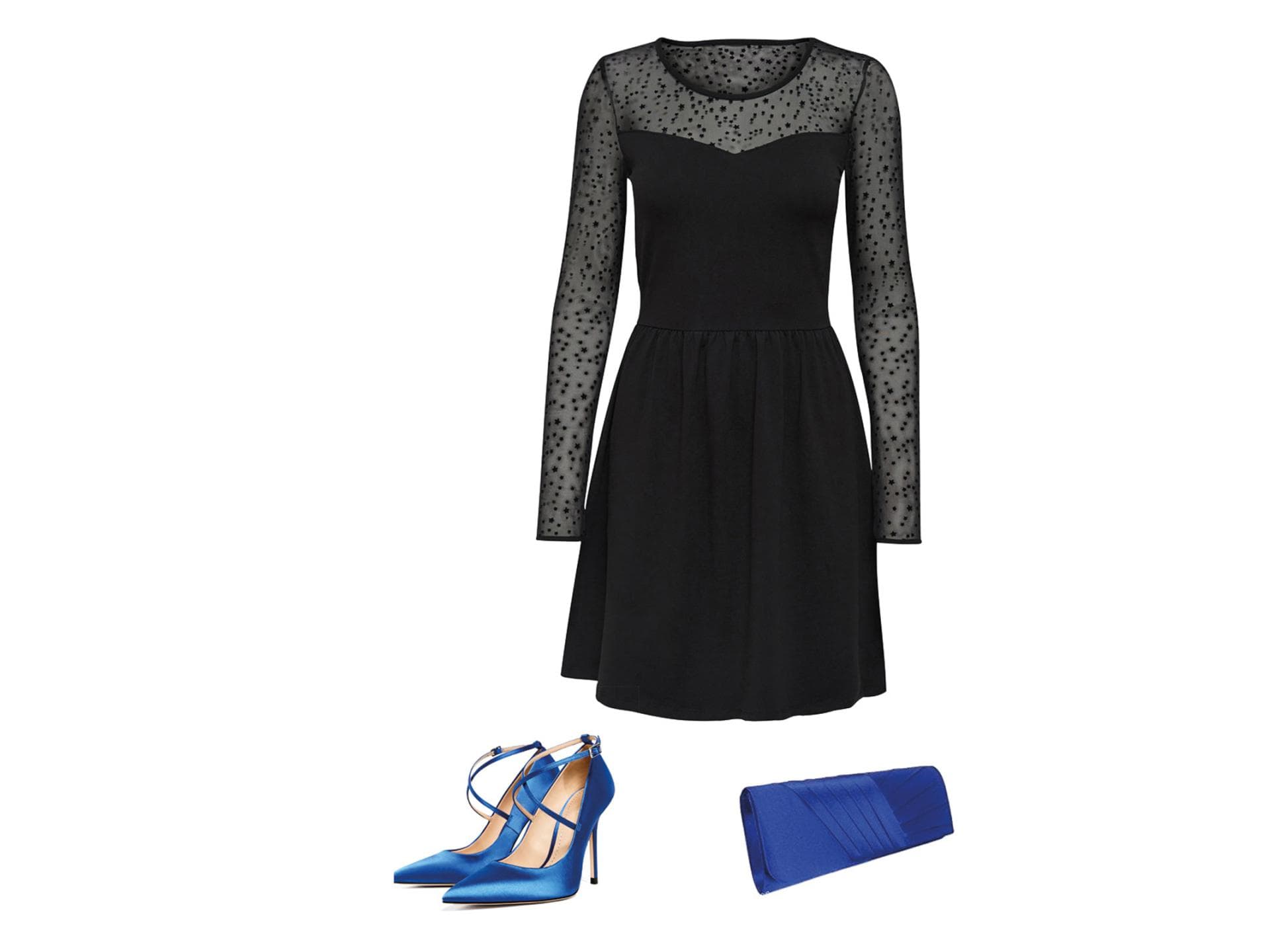 Schwarzes Kleid zu blauen Schuhen