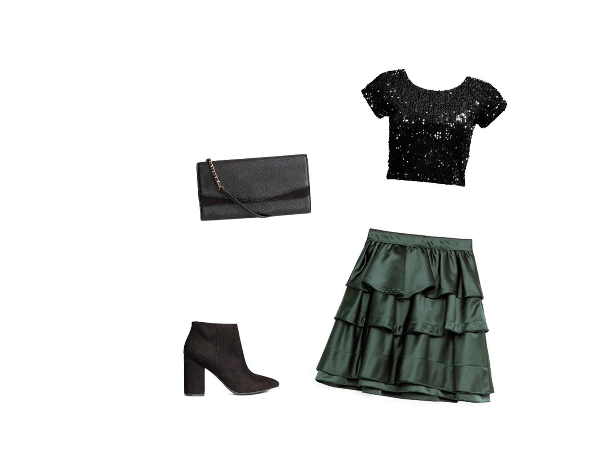 Grüner Volantrock zu schwarzem Paillettenshirt