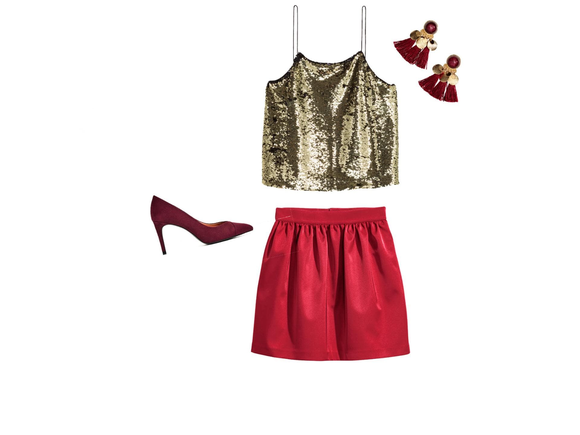 Klassisch: goldenes Top und roter Rock