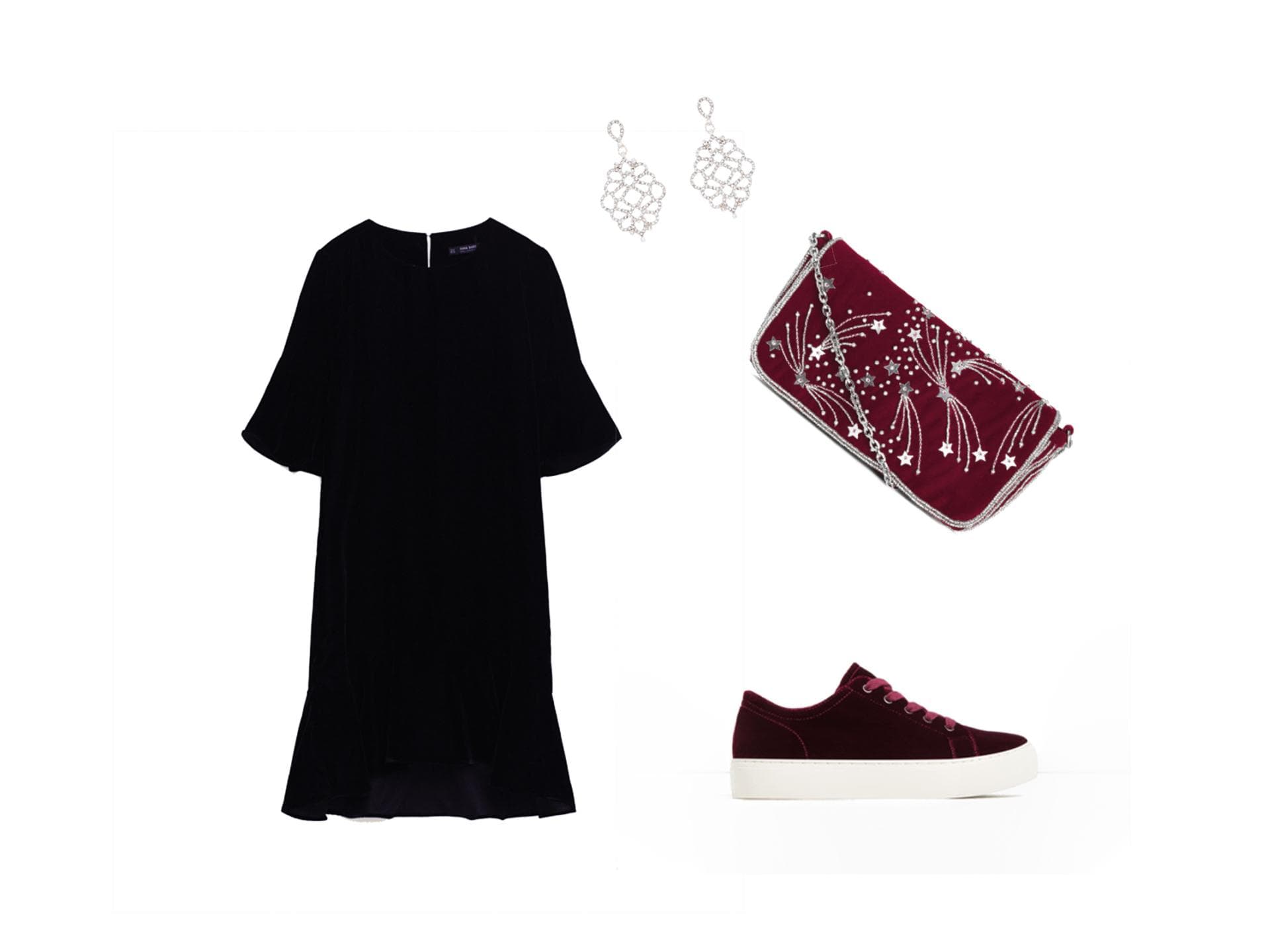 Ganz in Samt: schwarzes Kleid und rote Accessoires