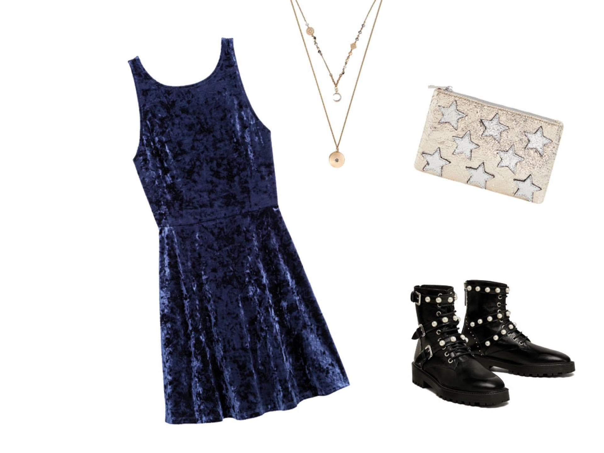 Blaues Samtkleid zu rockigen Stiefeln Blaues Samtkleid zu rockigen Stiefeln